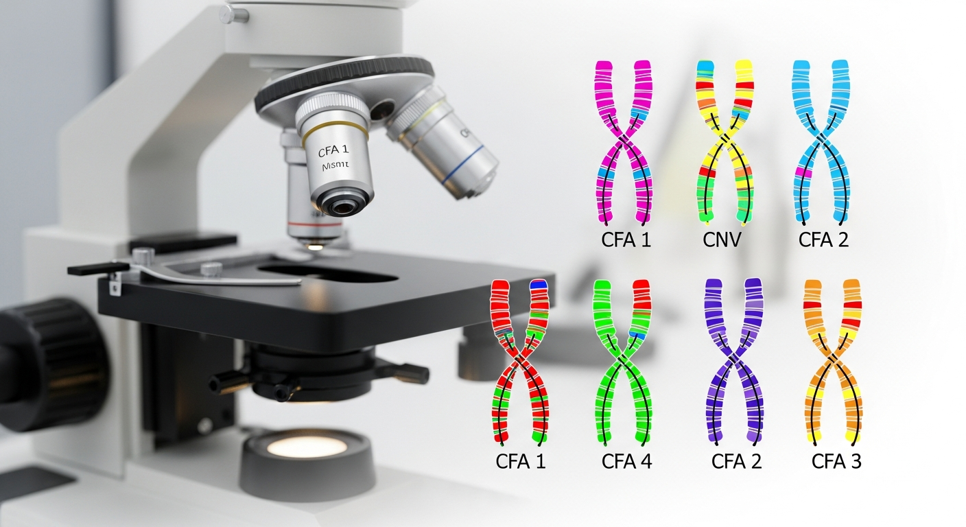 Illustration of canine chromosomes with visible copy number variant regions highlighted, scientific diagram style