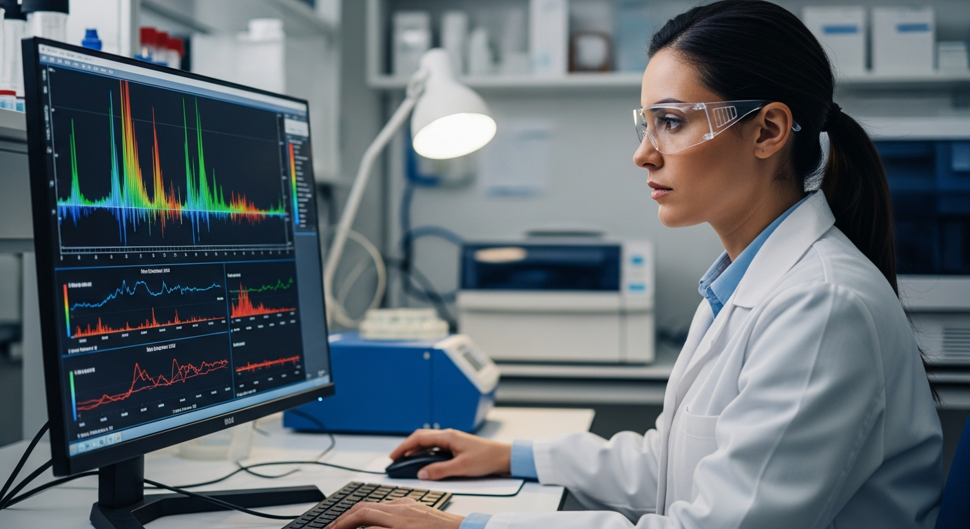 Laboratory scientist examining DNA sequencing data on a monitor with genomic plots visible, clinical photography