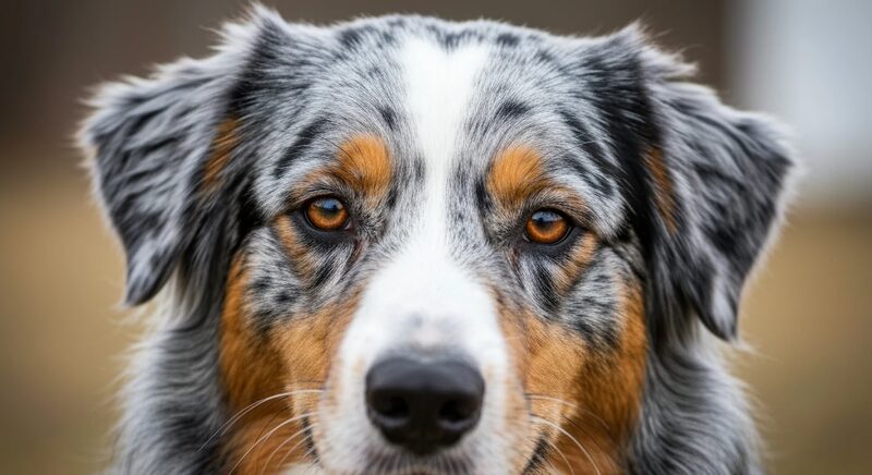Australian Shepherd puppy standing on a lawn beside pedigree and health documents