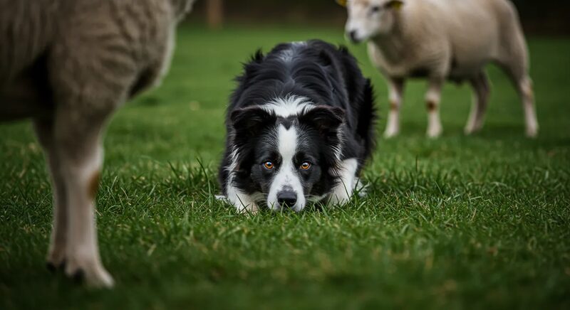 Border Collie focused during a herding training session, illustrating inherited working behaviour