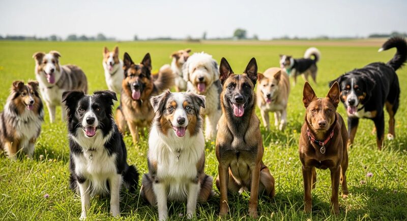 Group of herding dogs of different breeds resting together in a meadow, illustrating genetic diversity