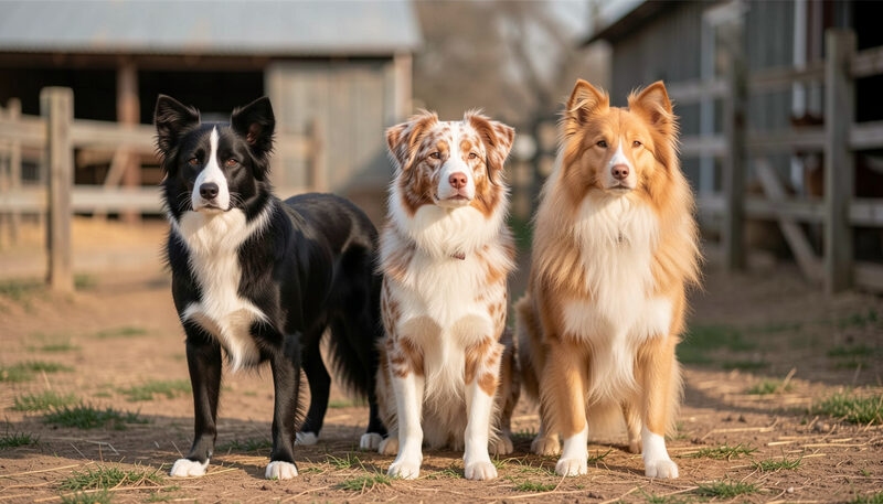 Three herding dogs side by side showing different coat colours, black tricolor, red merle and sable