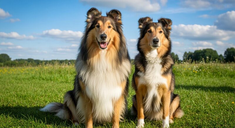 Rough Collie and Smooth Collie standing side by side, illustrating coat length genetics