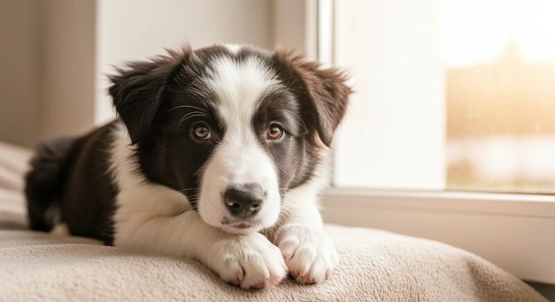 Young Border Collie puppy eating from a bowl, illustrating nutrition and inherited B12 absorption