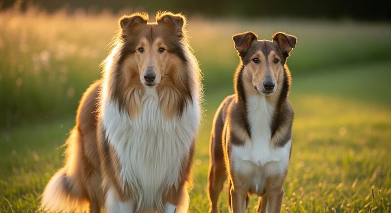 Rough Collie with long flowing coat next to a Smooth Collie, illustrating coat variety