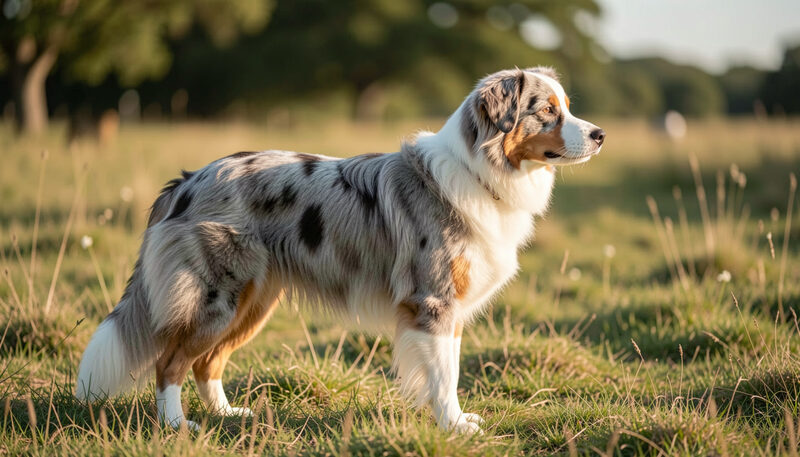 Australian Shepherd standing in profile in a pasture, illustrating structural genetic variation