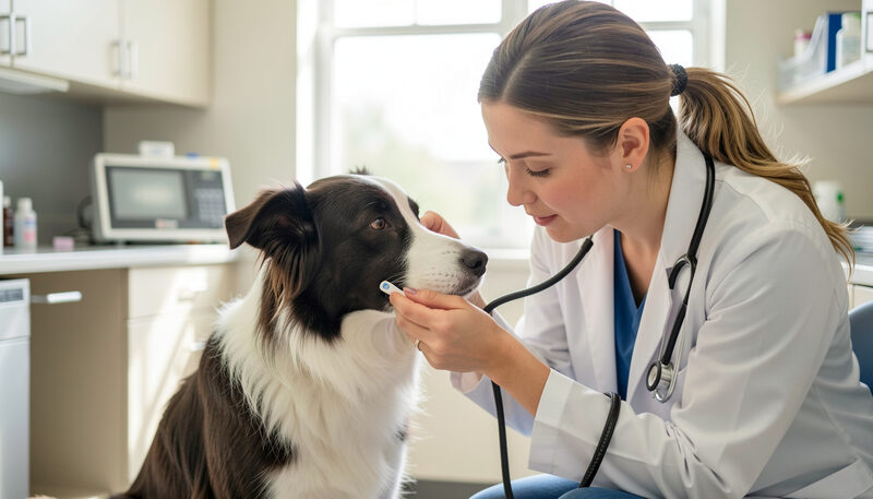 Veterinarian gently swabbing the cheek of a calm Border Collie for a DNA test in a bright clinic