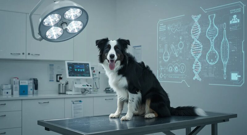 Veterinary researcher in a laboratory holding a DNA sample tube beside a calm herding dog