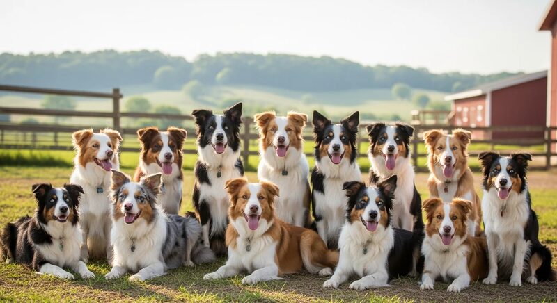 Small group of closely related sheepdogs on a hillside farm, illustrating a narrow gene pool