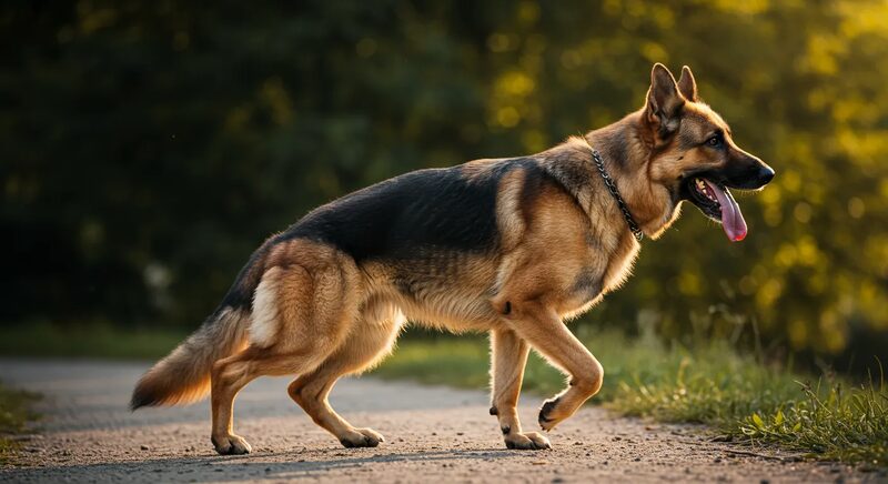 German Shepherd type herding dog running on grass, illustrating hip health and movement