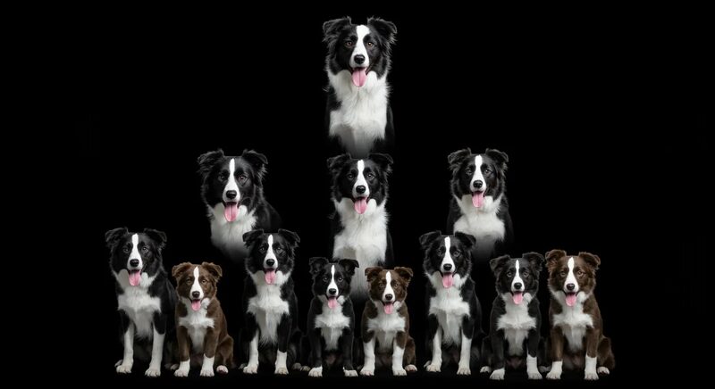 Pedigree chart pages beside a sleeping Border Collie puppy, illustrating inbreeding records