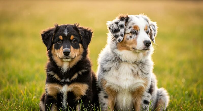 Two Border Collies from the same litter with different markings, illustrating variable expression