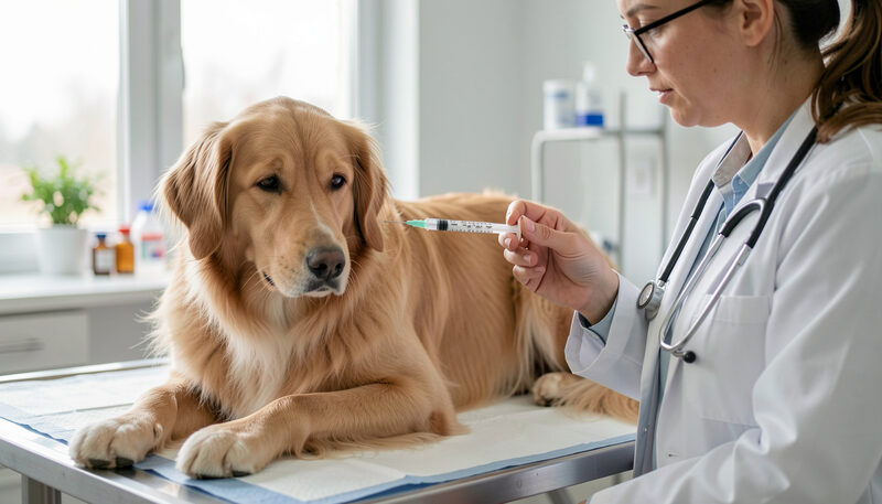 Veterinarian drawing medication into a syringe beside a calm Rough Collie on an examination table