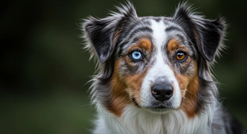 Blue merle Australian Shepherd with striking patterned coat standing in a farmyard
