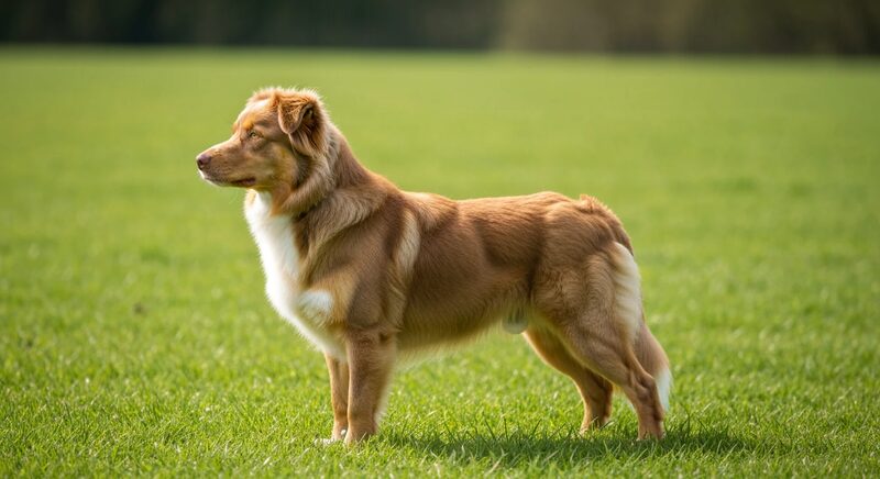 Australian Shepherd with a natural bobtail standing in profile on pasture
