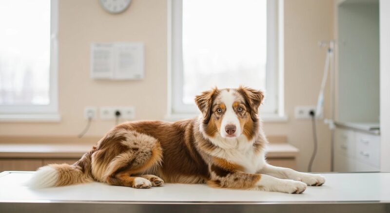 Border Collie resting calmly on a veterinary examination table during a health check