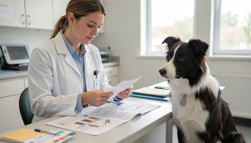 Researcher reviewing health charts with a Border Collie sitting nearby in a clinic