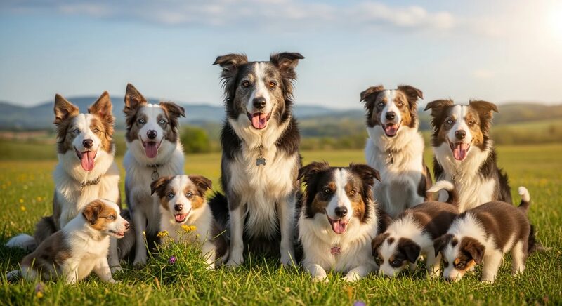 Flock of herding dogs of several breeds gathered on a farm, illustrating breed populations