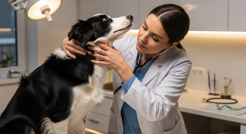Veterinary anaesthesia workstation with breathing circuits beside a herding dog prepared for surgery