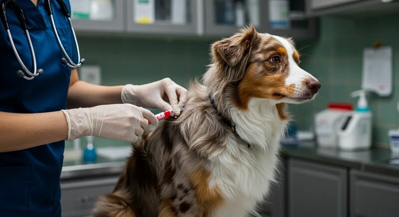 Herding dog resting with its head on its paws, illustrating blood health and calm recovery